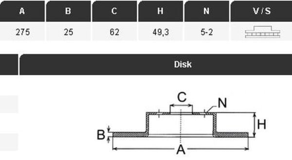 FREN DİSKİ ÖN COROLLA 06-13 AURIS 07-13 1,4 D4D RAV4 00-05 (DİZEL) 275MM